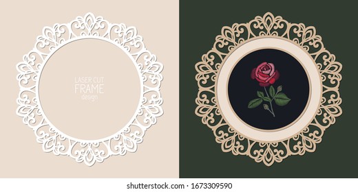 Laser cut lace round frame, vector template. Ornamental cutout photo frame with pattern. Vintage background with rose embroidery inside the cut out frame.