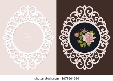 Laser cut lace round frame, vector template. Ornamental cutout photo frame with pattern. Vintage background with rose embroidery inside the cut out frame.