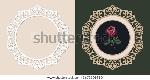 Laser cut lace round frame, vector\
template. Ornamental cutout photo frame with pattern. Vintage\
background with rose embroidery inside the cut out\
frame.