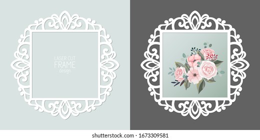 Laser cut lace square frame, vector template. Ornamental cutout photo frame with pattern. Vintage background with flowers inside the cut out frame.