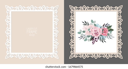 Laser cut lace square frame, vector template. Ornamental cutout photo frame with pattern. Vintage background with flowers inside the cut out frame.