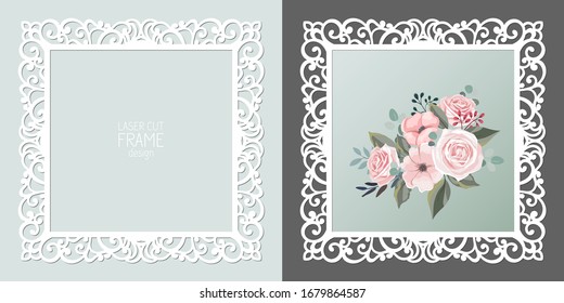 Laser cut lace square frame, vector template. Ornamental cutout photo frame with pattern. Vintage background with flowers inside the cut out frame.