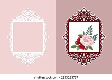 Laserschnitt quadratische Rahmenvorlage, Vintage Hintergrund mit Rosenblumen in einem offenen Rahmen, Vektorgrafik.