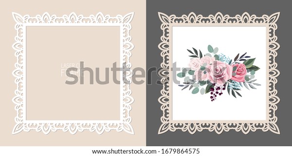 Laser cut lace square frame, vector template.\
Ornamental cutout photo frame with pattern. Vintage background with\
flowers inside the cut out\
frame.