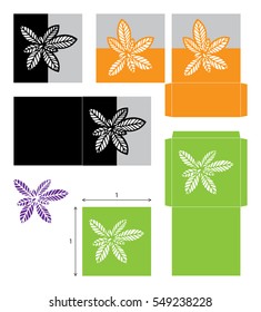 Laser cut leaf card, cutout paper leaves icon template, nature ornament cutting, foliage stencil decorate, stalk shape fold envelope, tree top silhouette, natural outline contour gift box.