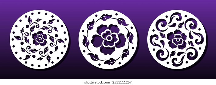 Posavasos de mandala cortado con láser con patrón floral. Corte, grabado, tallado para máquina cnc. Flor y hojas, patrón circular, panel de arte de pared de bricolaje. Ilustración vectorial