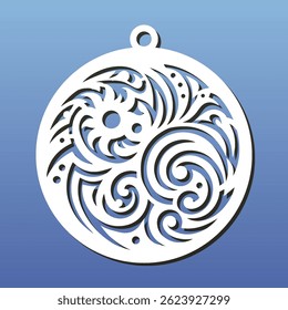 Laser cut mandala coaster or pendant. CNC cutting or engraving stencil, abstract swirl geometry oriental pattern, circular ornament. Vector illustration, isolated element for diy craft