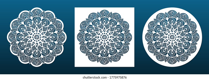 Laser cut mandala coaster or wall art panel, cnc cutting stencils. Abstract lace geometric pattern. Paper art, wood carving, diy craft template, fretwork. Vector illustration