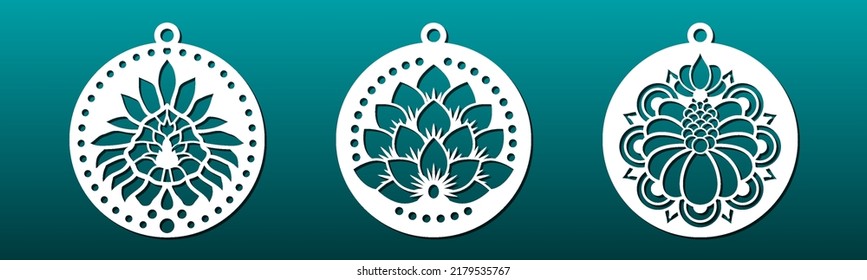 Laser cut mandala coasters, pendants.  die stencil for cnc cutting. Chinese and indian floral  pattern with lotus flowers. Paper art, metal or vinyl  carving. Vector illustration