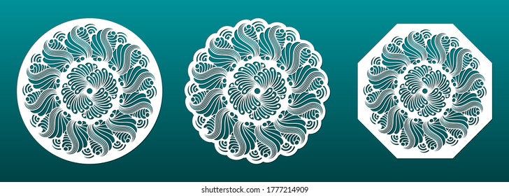 Laser cut mandala coasters or wall art panels. Decorative elements with abstract geometric modern pattern. Cnc cutting stencils, fretwork, wood carving, paper art, diy crafting. Vector illustration