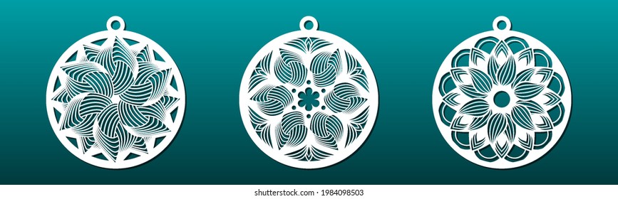 Laser cut mandala. Decorative Christmas balls, wall art or hanging, coasters, paper cut elements for diy craft. Cnc stencils. Abstract floral pattern design.