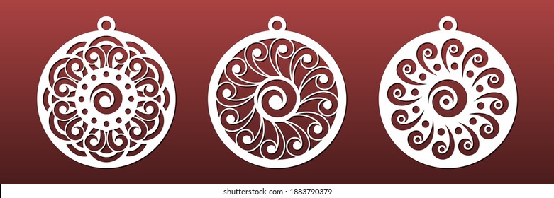 Laser cut mandala set. Christmas balls, coasters, pendants. CNC cutting stencil for diy craft, paper art, fretwork. Abstract geometric pattern in China style. Vector illustration