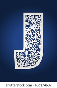 Laser cut monogram initial letter J design. Floral fancy alphabet letter for laser cutting. Floral letter J stencil. Secret garden alphabet.