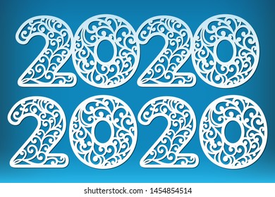 Laser cut number 2020 template with lace swirls pattern. New year cut out decoration, vector.