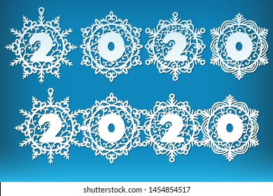 Laser cut number 2020 template in snowflakes form. Template of Christmas balls with snowflake, Xmas cut out decoration.