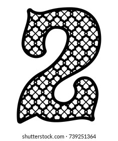 Laser cut number two. Numeral character 2. Filigree cutout pattern. Decor font for cutting. Numeric date template. Vector letter for invitation, baby shower, birthday card, scrapbooking, wedding.