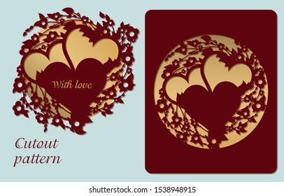 Laser cut openwork square greeting card template. Silhouette hearts, flowers and leaves.  Beautiful vector design for greeting cards, stencil, wedding box, gift box. An isolated element of the heart i