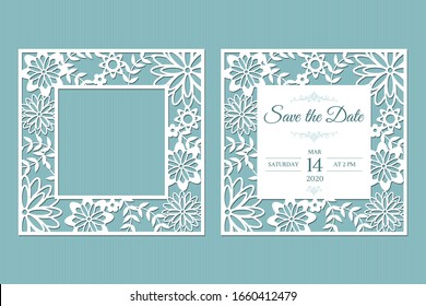 Laser cut openwork white frame with leaves and flowers. Template for greeting cards, envelopes, wedding invitations, interior decorative elements.