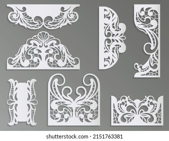 Laser cut ornament set with vintage baroque pattern. Beautiful openwork templates for wedding invitation or greeting card. Metal design, wood carving.