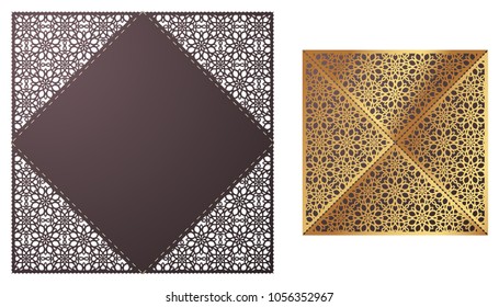 Laser cut ornamental Lace-bordered vector template. Luxury Greeting card, envelope or wedding invitation card template. Four triangular flaps that fold over the square card.  Ornamental embellishment