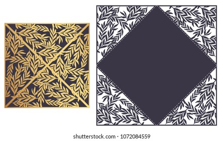 Laser cut ornamental Lace-bordered vector template. Luxury Greeting card, envelope or wedding invitation card template. Four triangular flaps that fold over the square card.  Ornamental embellishment