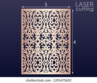 Laser cut ornamental panel with pattern, template for cutting. Wedding invitation or greeting card template. Cabinet fretwork screen. Metal design, wood carving.