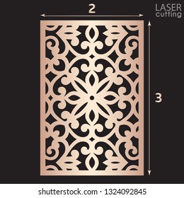 Laser cut ornamental panel with pattern, template for cutting. Wedding invitation or greeting card template. Cabinet fretwork screen. Metal design, wood carving.