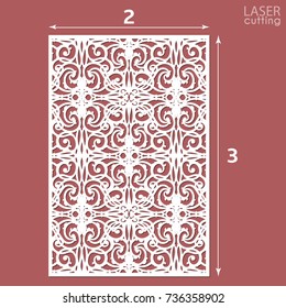 Laser cut ornamental panel with pattern. Template of wedding invitation or greeting card. Cabinet fretwork screen. Metal design, wood carving.