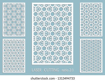 Laser cut ornamental panel set, geometric pattern. Die cut card, cutout template for invitation, envelope. Suitable for printing, engraving, laser cutting paper, wood, metal, stencil manufacturing