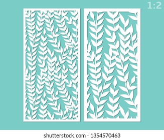 Laser cut ornamental panel set with pattern of leaves, templates for cutting. Wedding invitation or greeting card template. Cabinet fretwork screen. Metal design, wood carving.