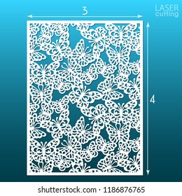 Laser cut ornamental panel template with butterfly pattern. May be use for die cutting. Lazer cut card. Template for wedding invitation. Cabinet fretwork screen. Lasercut metal panel. Wood carving.