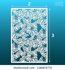 Laser cut ornamental panel template with butterfly pattern. May be use for die cutting. Lazer cut card. Template for wedding invitation. Cabinet fretwork screen. Lasercut metal panel. Wood carving.