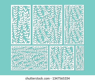 Laser cut ornamental panel templates set with pattern of leaves.   Cabinet fretwork screen. Lasercut metal panel. Wood carving.