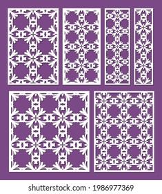 Laser cut ornamental panel templates set, ratio 1:1, 1:2, 1:3,. 1:4, 2:3, 3:4. Decorative lace borders patterns. Cutout wedding invitation or greeting card. Cabinet fretwork screen, vector.