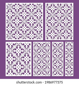 Juego de plantillas de panel ornamental de corte láser, relación 1:1, 1:2, 1:3, 1:4, 2:3, 3:4. Patrones decorativos de bordes de encaje. Invitación a la boda o tarjeta de saludo. Pantalla de libre trabajo del gabinete, vector.