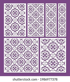 Laser cut ornamental panel templates set, ratio 1:1, 1:2, 1:3,. 1:4, 2:3, 3:4. Decorative lace borders patterns. Cutout wedding invitation or greeting card. Cabinet fretwork screen, vector.