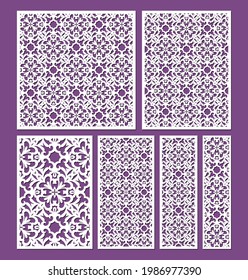 Laser cut ornamental panel templates set, ratio 1:1, 1:2, 1:3,. 1:4, 2:3, 3:4. Decorative lace borders patterns. Cutout wedding invitation or greeting card. Cabinet fretwork screen, vector.