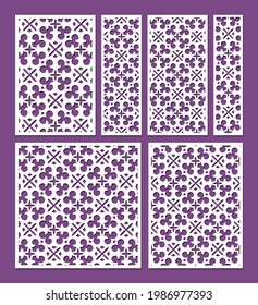 Laser cut ornamental panel templates set, ratio 1:1, 1:2, 1:3,. 1:4, 2:3, 3:4. Decorative lace borders patterns. Cutout wedding invitation or greeting card. Cabinet fretwork screen, vector.