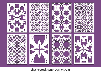 Laser cut ornamental panel templates set 1:2. Template for wedding invitation or greeting card. Cabinet fretwork screen. Metal design, wood carving, vector.