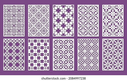 Laser cut ornamental panel templates set 2:3. Template for wedding invitation or greeting card. Cabinet fretwork screen. Metal design, wood carving, vector.