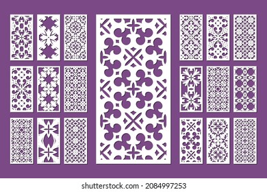 Laser cut ornamental panel templates set 1:2. Template for wedding invitation or greeting card. Cabinet fretwork screen. Metal design, wood carving, vector.