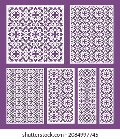 Juego de plantillas de panel ornamental de corte láser, relación 1:1, 1:2, 1:3, 1:4, 2:3, 3:4. Patrones decorativos de bordes de encaje. Invitación a la boda o tarjeta de saludo. Pantalla de libre trabajo del gabinete, vector.