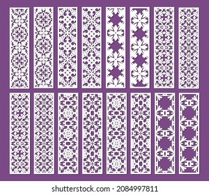 Laser cut ornamental panel templates set 1:4. Cutout ornamental borders bookmark templates. Cabinet fretwork screen. Metal design, wood carving, vector.