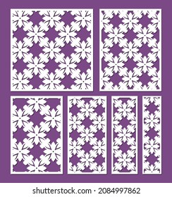 Laser cut ornamental panel templates set, ratio 1:1, 1:2, 1:3,. 1:4, 2:3, 3:4. Decorative lace borders patterns. Cutout wedding invitation or greeting card. Cabinet fretwork screen, vector.