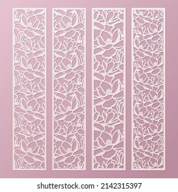Plantillas de paneles ornamentales de corte láser con un patrón de corte de flores de magnolia. Marcador de papel de encaje, plantillas de borde de corte, vector.