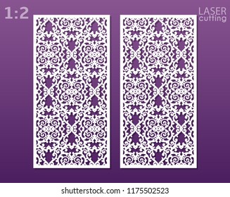 Laser cut ornamental panels with pattern. May be use for die cutting. Template of wedding invitation or greeting card. Cabinet fretwork panel. Lasercut metal panel. Wood carving. Vector.