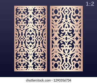 Laser cut ornamental panels with pattern, template for cutting. Wedding invitation or greeting card template. Cabinet fretwork screen. Metal design, wood carving.