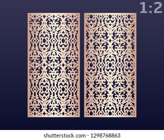 Laser cut ornamental panels with pattern, template for cutting. Wedding invitation or greeting card template. Cabinet fretwork screen. Metal design, wood carving.