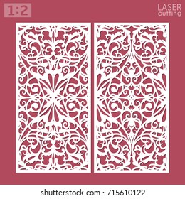 Laser cut ornamental panels with pattern. Template of wedding invitation or greeting card. Cabinet fretwork screen. Metal design, wood carving.