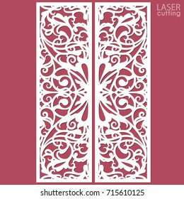 Laser cut ornamental panels with pattern. Template of wedding invitation or greeting card. Cabinet fretwork screen. Metal design, wood carving.